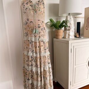 Chic Pastel Maxi Dress with Shell Tassel Detail and gold thread accent